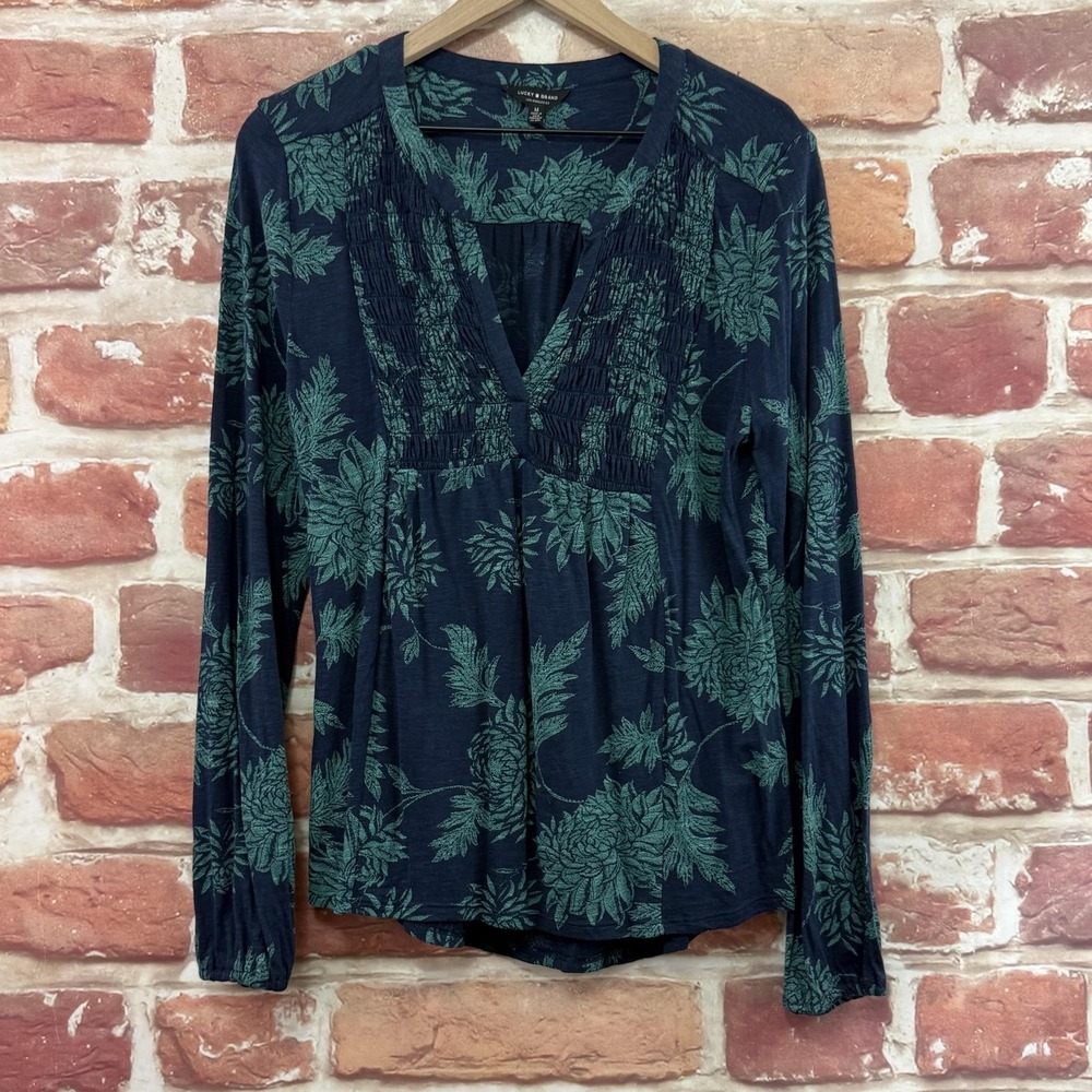 Lucky Brand Top Women's Medium Blue Boho Garden Floral Smocked Casual Shirt